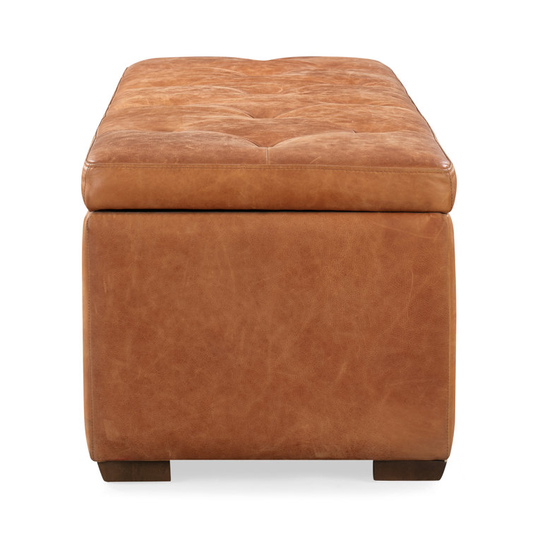 Lakeport Full Grain Genuine Italian Leather Storage Ottoman Fabric Cognac Tan Genuine Leather